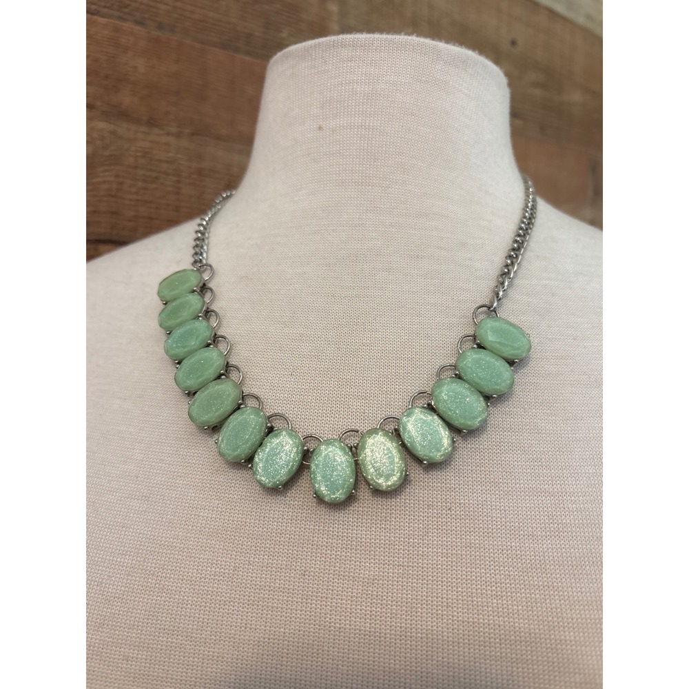 Mint Green Sparkle Statement Necklace Silver Tone Oval Stone Shimmer J451